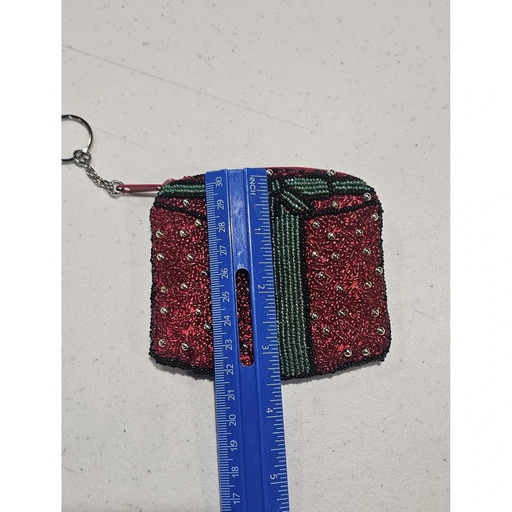 Beaded Christmas Present‎ Coin Purse Keychain Zip Pouch Red Green Holiday
